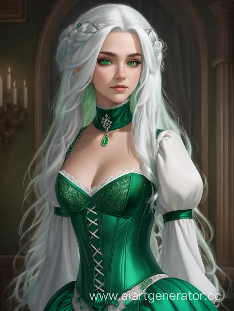 Советница принцессы Ванесса Вандермонд, белые волосы, зелёные глаза, зелёное платье с зелёным корсетом, 