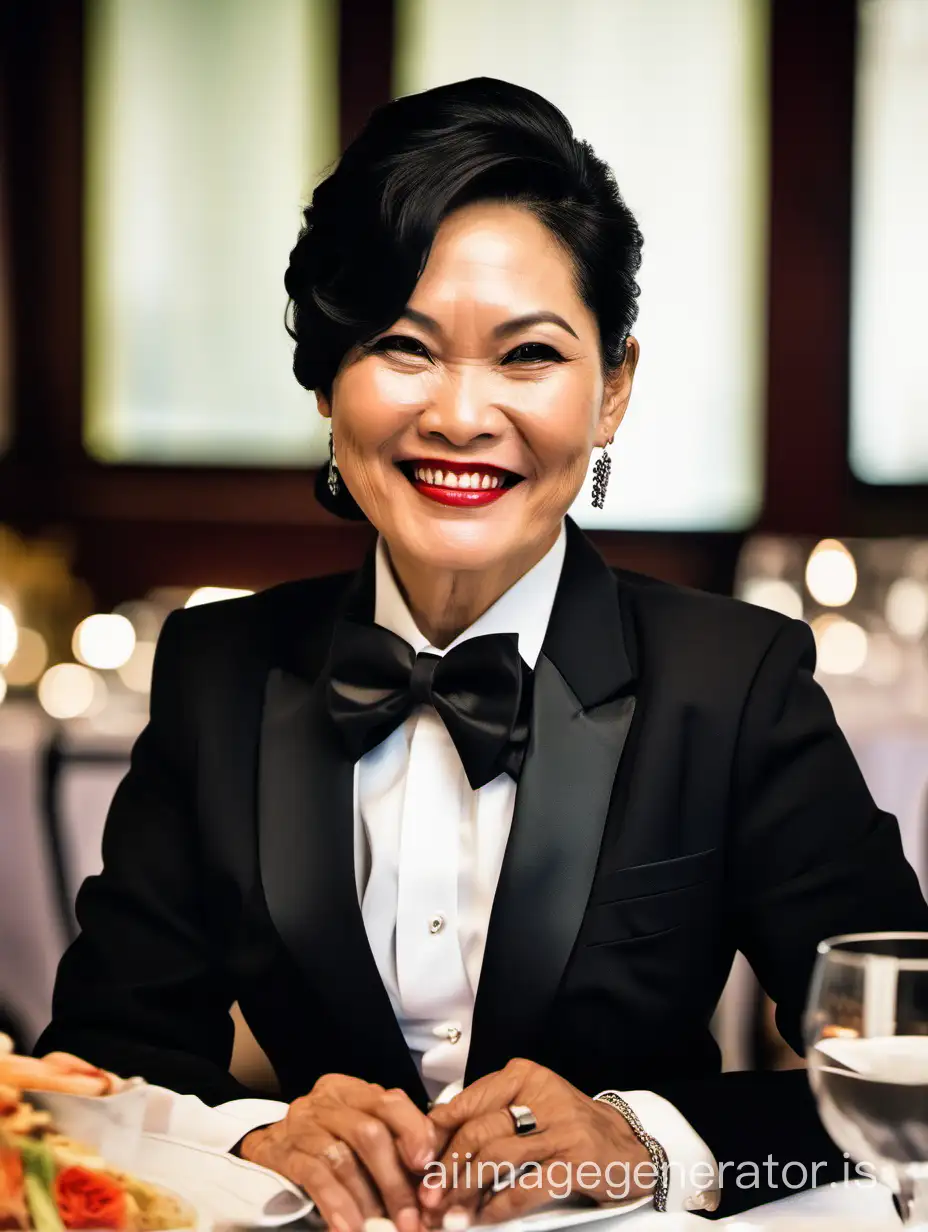 A 40 year old Vietnamese woman wearing a black tuxedo jacket and a white shirt and a black bow tie and large cufflinks is sitting at a dinner table.  She is smiling.  She has shoulder length black hair and is wearing lipstick.  Her jacket has a corsage.