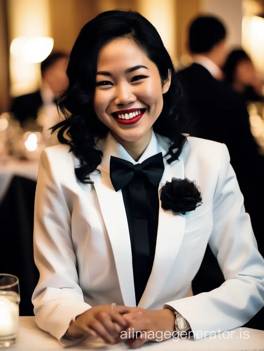 Cheerful-Vietnamese-Woman-in-Formal-Tuxedo-with-Corsage-at-Dinner-Table