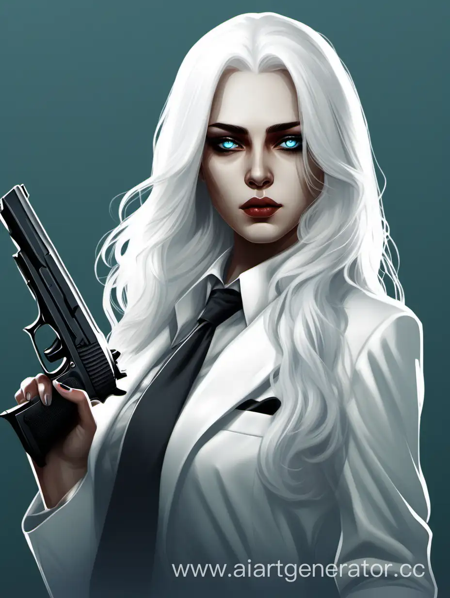 The lady is the head of a mafia group. She is 27 years old. She has light blue eyes and long white hair. She is very graceful and insidious. She has a gun in her hand.