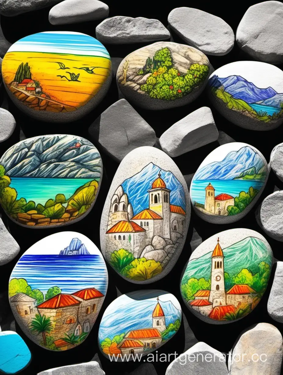цветной яркий эскиз для живописи на камнях для детей, крупным планом, на весь камень, виды Черногории.
