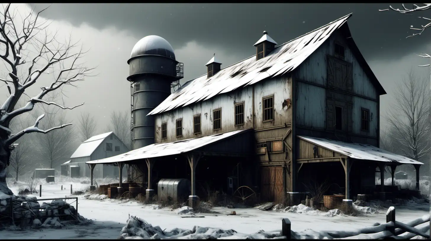 PostApocalyptic Winter Scene Country Farm Manor House and SciFi Barn