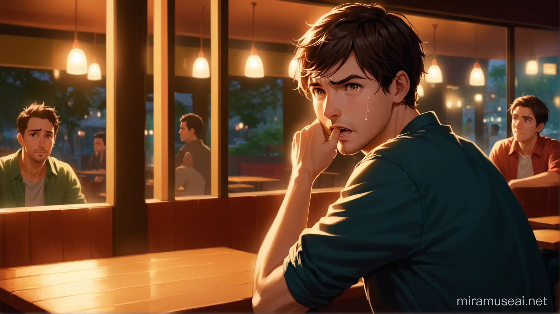 A photorealistic image of Alex, a man in his mid-20s with short brown hair, walking away from a brightly lit restaurant entrance. He's halfway turned, looking back with a mix of shock and sadness etched on his face. Tears well up in his eyes, his mouth slightly agape. Through the restaurant window, we see a clear view of his three friends (diverse backgrounds) still seated at a table. Their expressions are a stark contrast - animated, gossipy, with furrowed brows and pointed fingers directed at Alex. The lighting inside the restaurant is warm and inviting, highlighting the joyful atmosphere Alex thought he was leaving behind.
