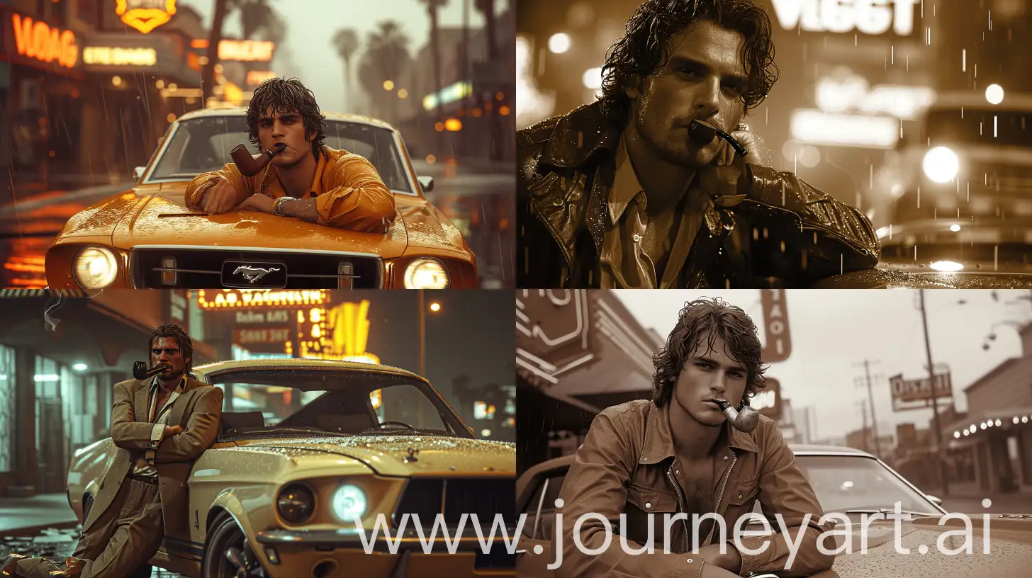 GTA San Andreas' CJ in 70s attire, leaning on a 1960s Mustang, sepia tones mixed with sporadic vibrant splashes representing the lights of Las Vegas, puffing a pipe, neon signage, with a nostalgic yet stylish urban aura --ar 16:9 --s 700 --v 6 --c 15