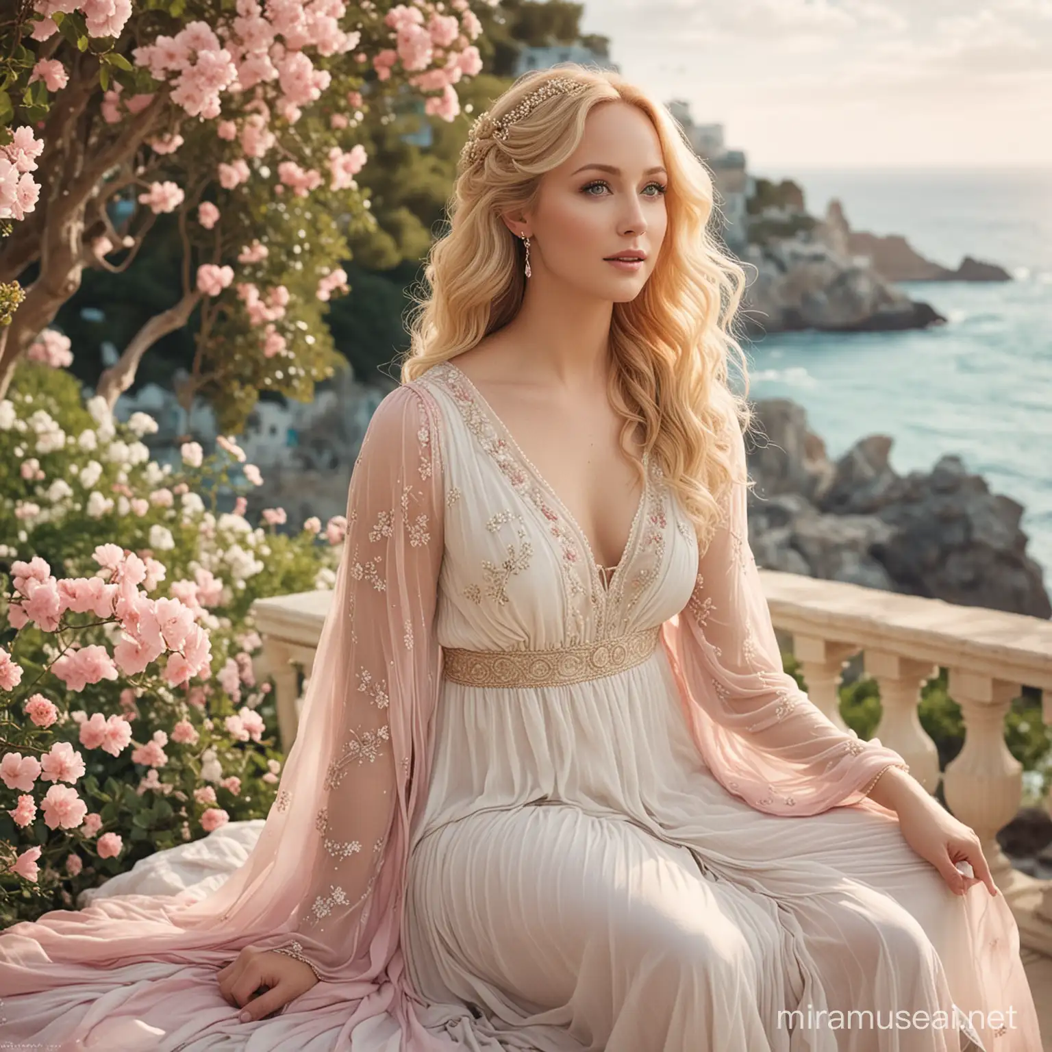 A masterpieced of Candice Accola as Ariadne, Greek goddess of Greek Mythology. She is sitting in a blooming garden of Greek style with sea views. Her hair flows in the air. She wears a Greek dress in soft pastel colors that flow around her is dreamy and ethereal.
