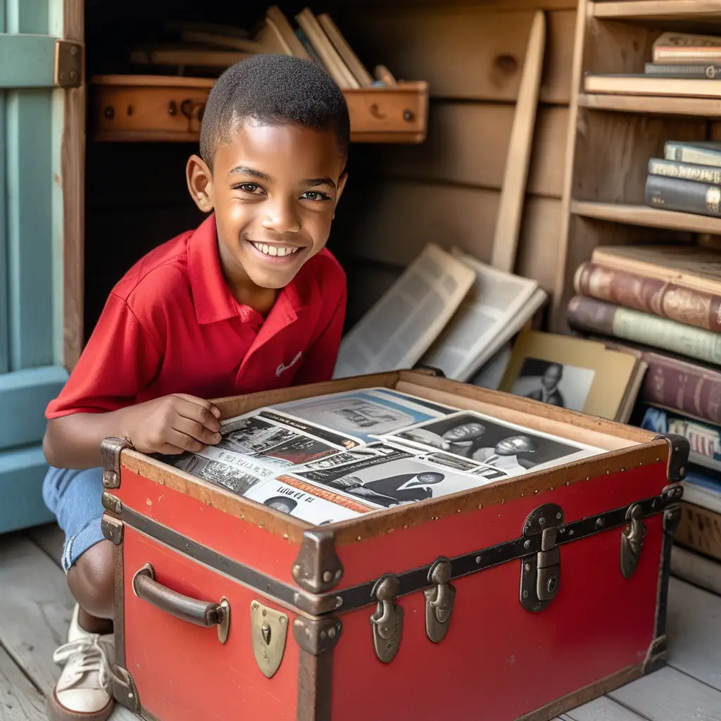 African American Boy Exploring Vintage Civil Rights Memorabilia in Dimly Lit Shed