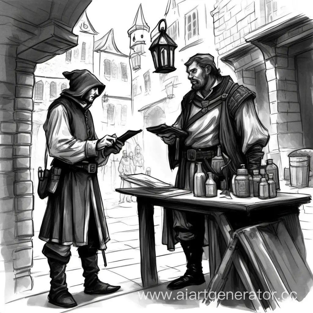 Эскиз фентези Средневековый следователь расспрашивает торговца красками в торговом квартале