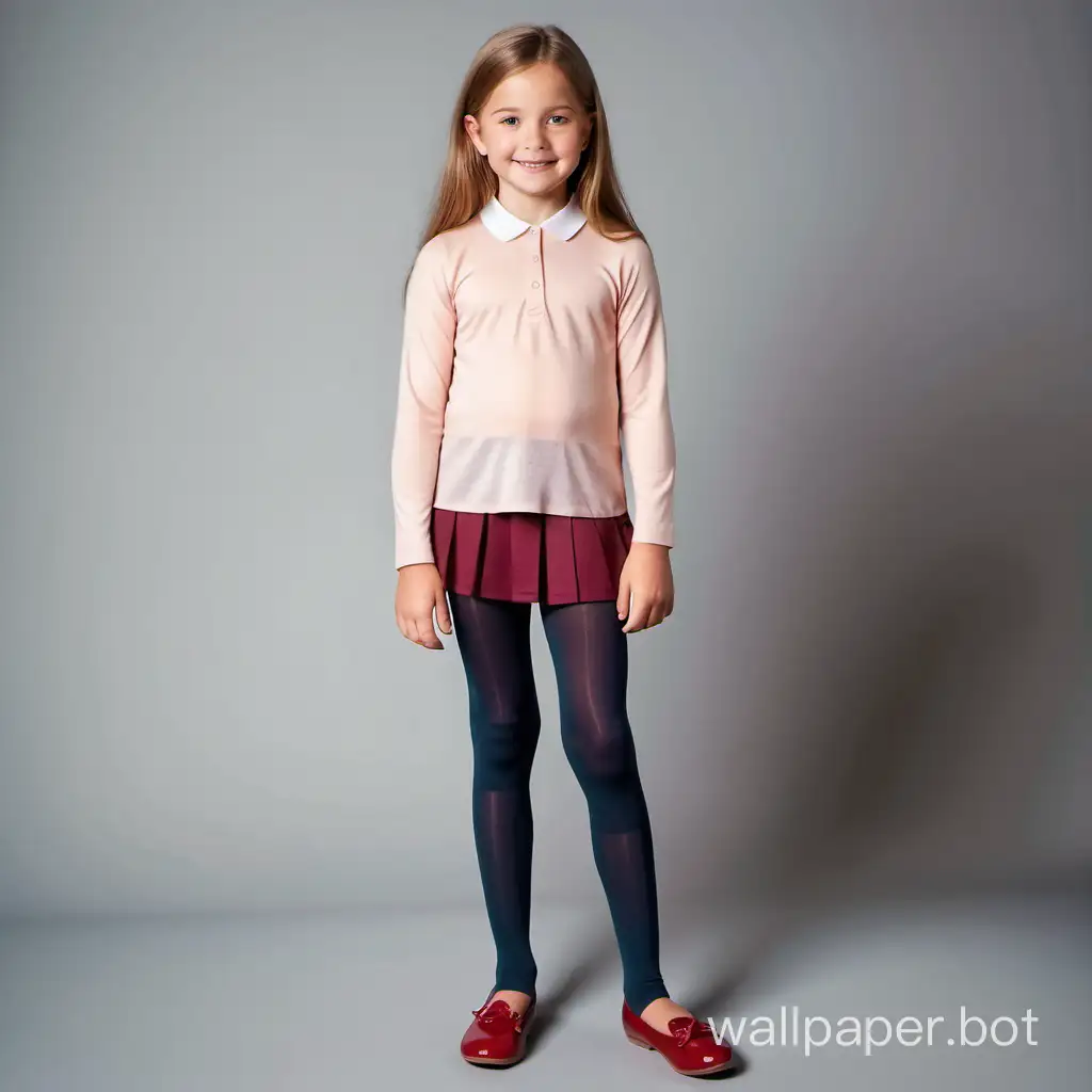 A 10-year-old girl in full height in an advertisement for school tights
