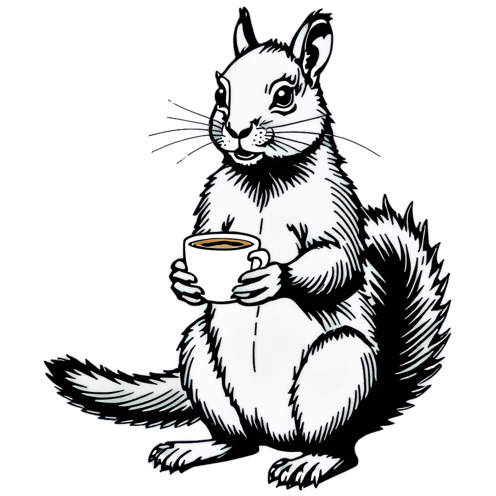 Exquisite-PNG-Line-Art-Drawing-Majestic-Squirrel-Enjoying-a-Cup-of-Coffee