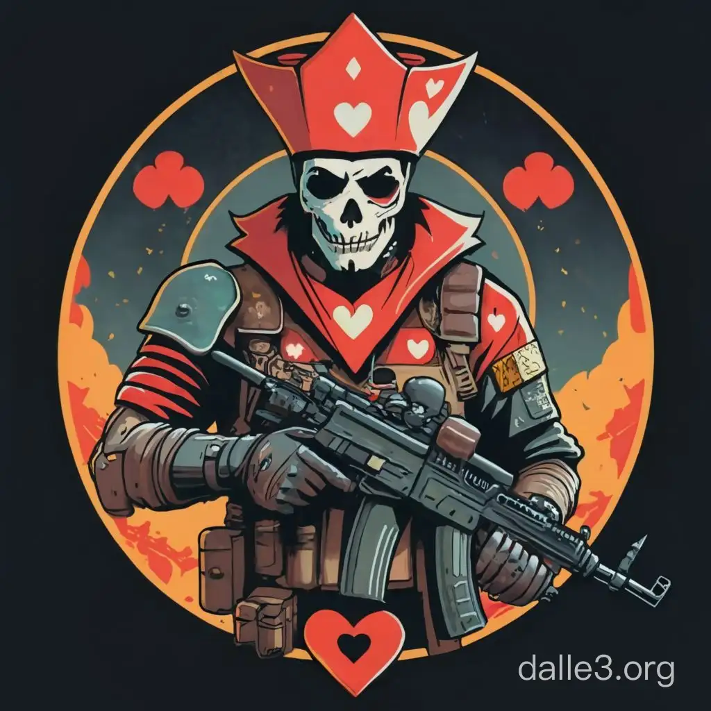 a warrior in the form of a jack of hearts with a Kalashnikov assault rifle in his hands