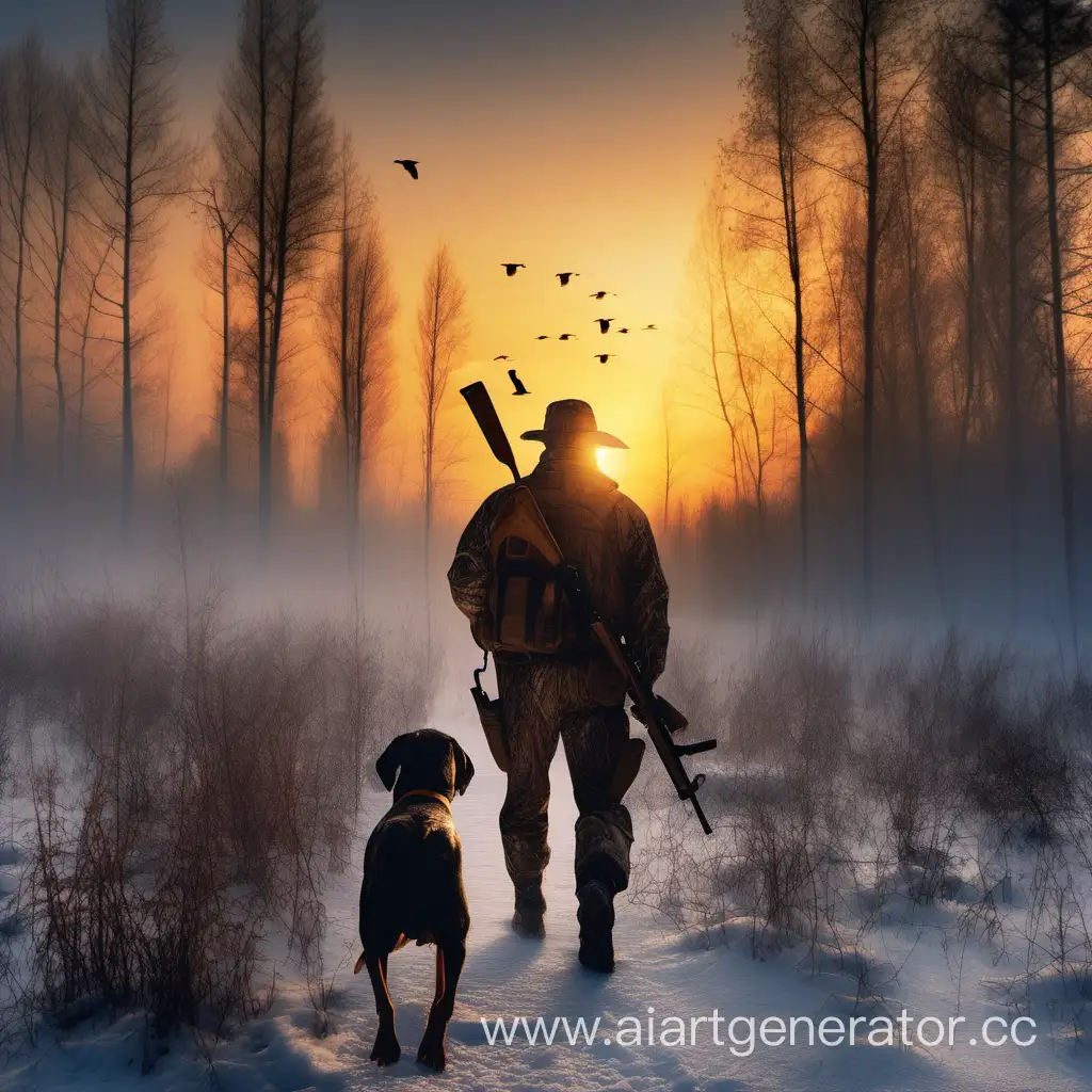 охотник с ружьем идет по лесу, рядом охотничья собака, рассветное небо на котором видна утка