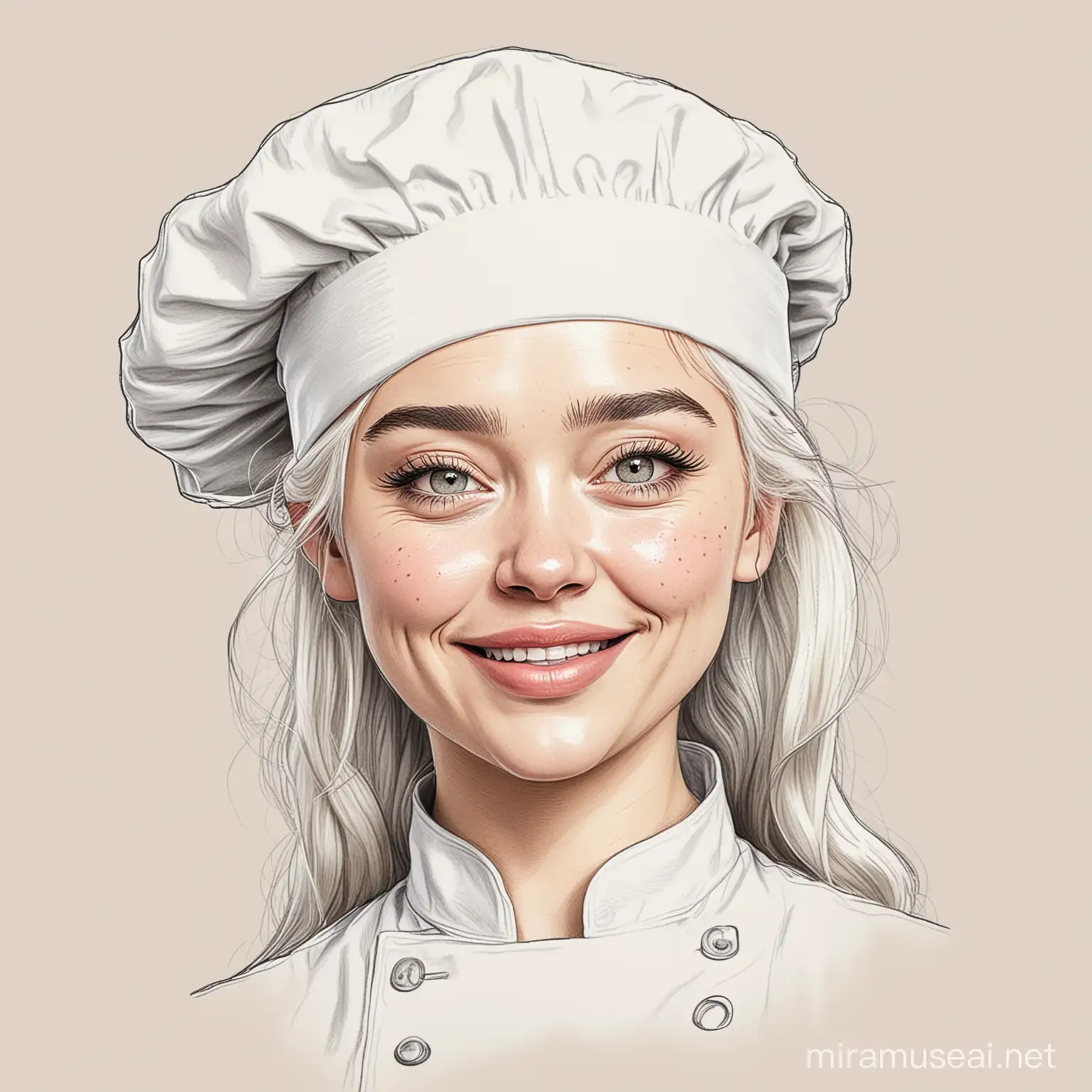 Daenerys Targaryen Line Drawing in Chefs Hat Winking Against White Background