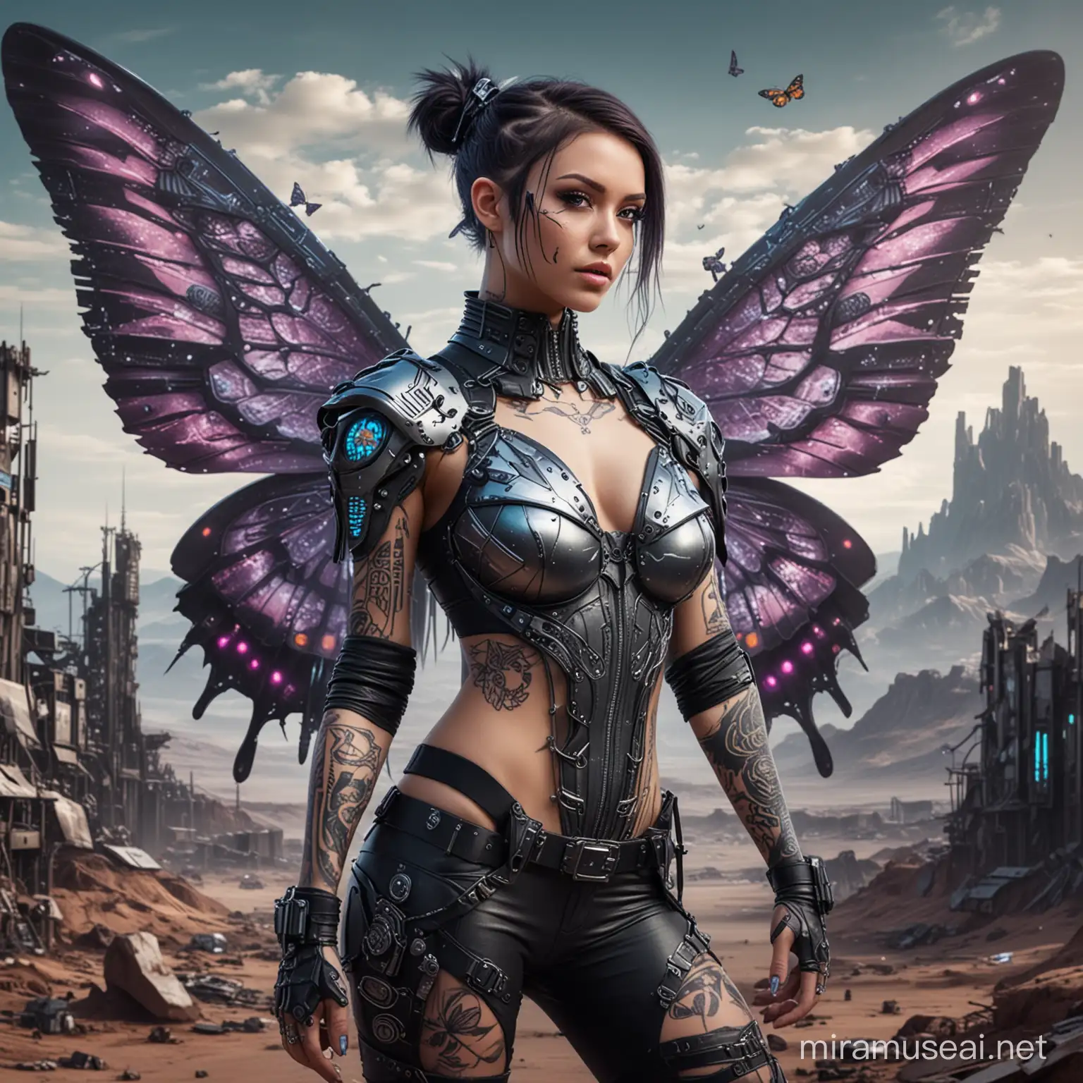 young adult female with butterfly wings in cyber punk outfit and tattoos, pretty face, futuristic landscape, full body