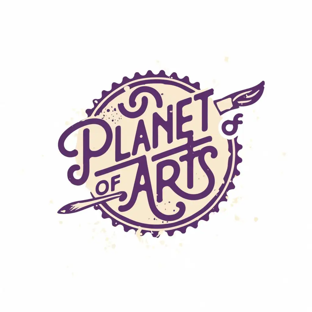 logo, Purple and cream with black and white line, a painting brush, a camera, with the text "Planet of Arts", typography, be used in Education industry