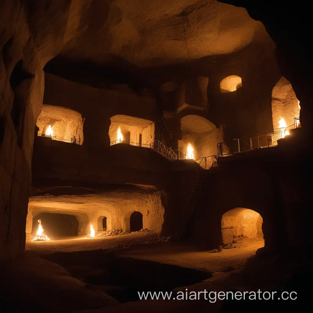 подземная крепость освещённая факелами внутри которой сидят мятежники вооружённые винтовками мосина 