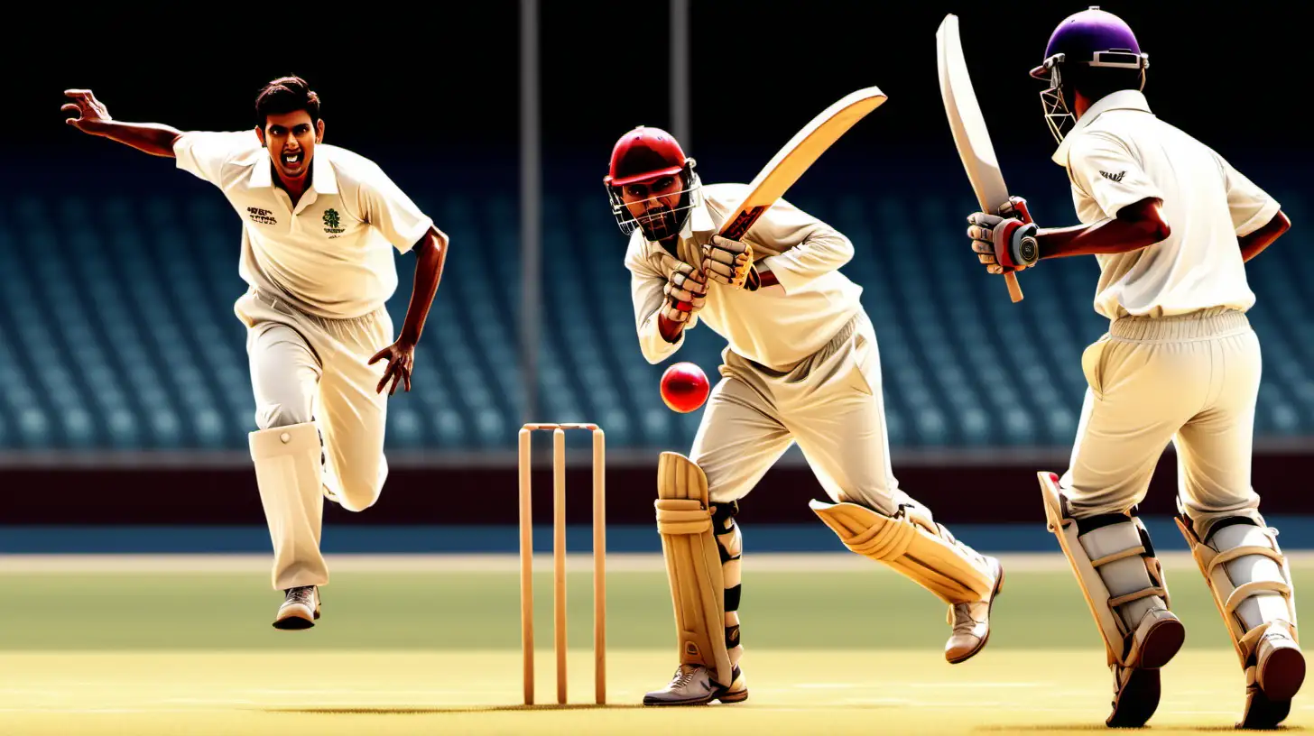 Create a dynamic image capturing the intensity between animated friends playing cricket. Highlight the bowler in mid-action, releasing the ball towards the determined batsman, with an empty pitch as the backdrop.