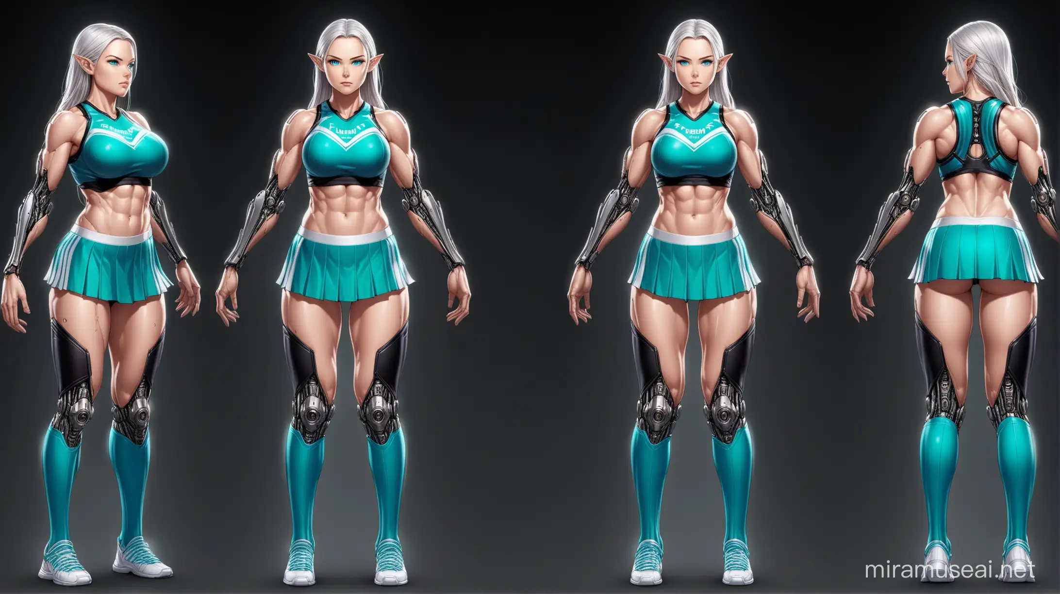 A character reference sheet, for a elvish cheerleader, with a busty athletic body, wearing form fitting leather, full body, turn around, front view, back view, head-to-toe, standing poses, body in frame, hard, delicate, brutal, tough, stiff, crude, octane render, highly detailed, volumetric, dramatic lighting, insanity detailed hands, biomechanical android, anatomy illustration, Science fiction background, flawless face, perfect face, highly detail face, flawless eyes, perfect eyes