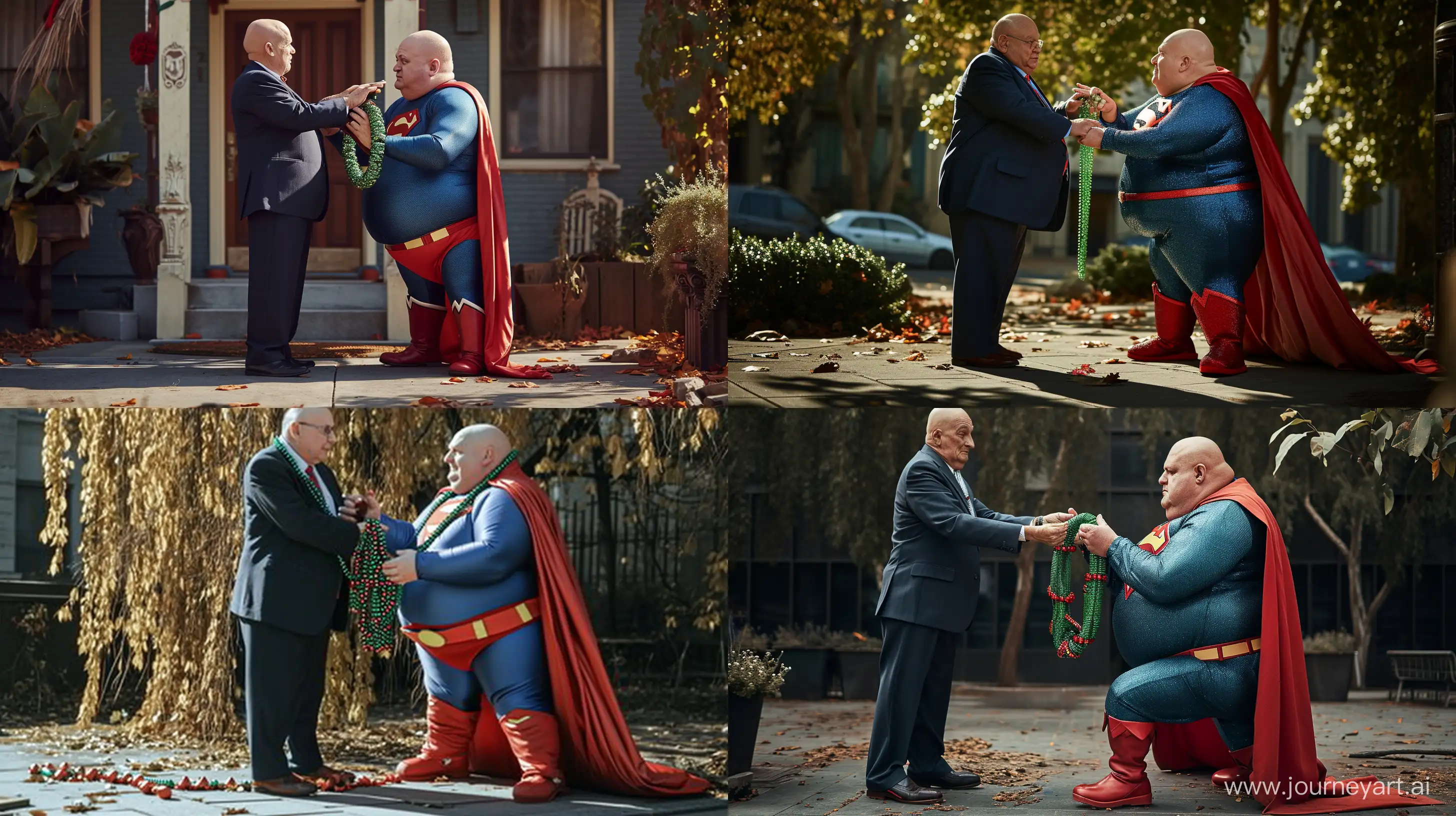 Photo of two characters together outside. There is a chubby man aged 70 on the right dressed in a slightly shiny blue superman costume with a big red cape, red boots, and red trunks one knee on ground. There is an obese man standing on the left wearing a suit who is putting a big green bright necklace around the neck of the man on the right. Natural Light. Clean shaven. Bald. --style raw --ar 16:9 --v 6