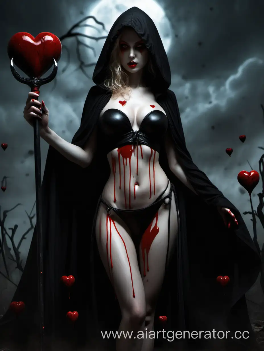 Афродита - сердцеедка. Она одета в чёрный плащ с чёрным капюшоном. В её руке коса смерти. В другой руке - красное сердце с которого капает кровь.