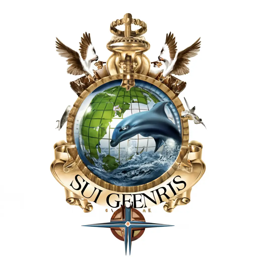 LOGO-Design-For-Sui-Generis-Luxurious-Yacht-Brand-with-Dolphin-Globe-and-Compass-Theme
