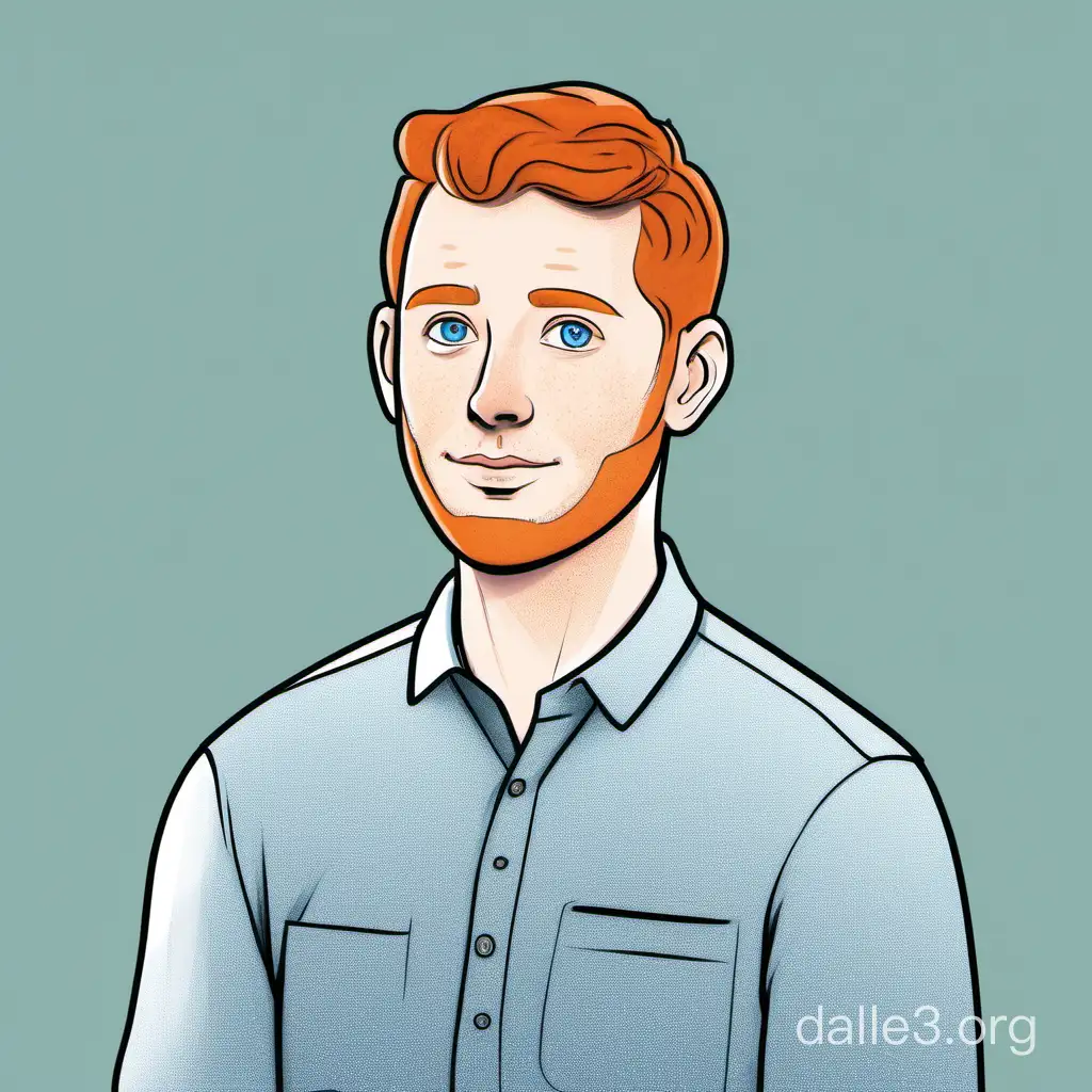 31 year old, white man, round face, short ginger hair, blue eyes, working from home, animated