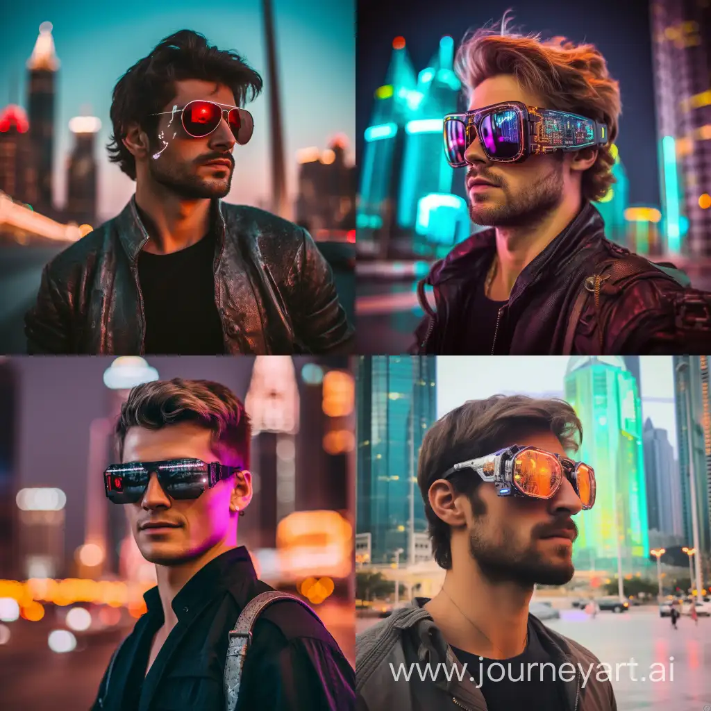 a hacker of Russian origin in Dubai hacks a bank, special optical glasses have side neon buttons to switch vision, cyberpunk style