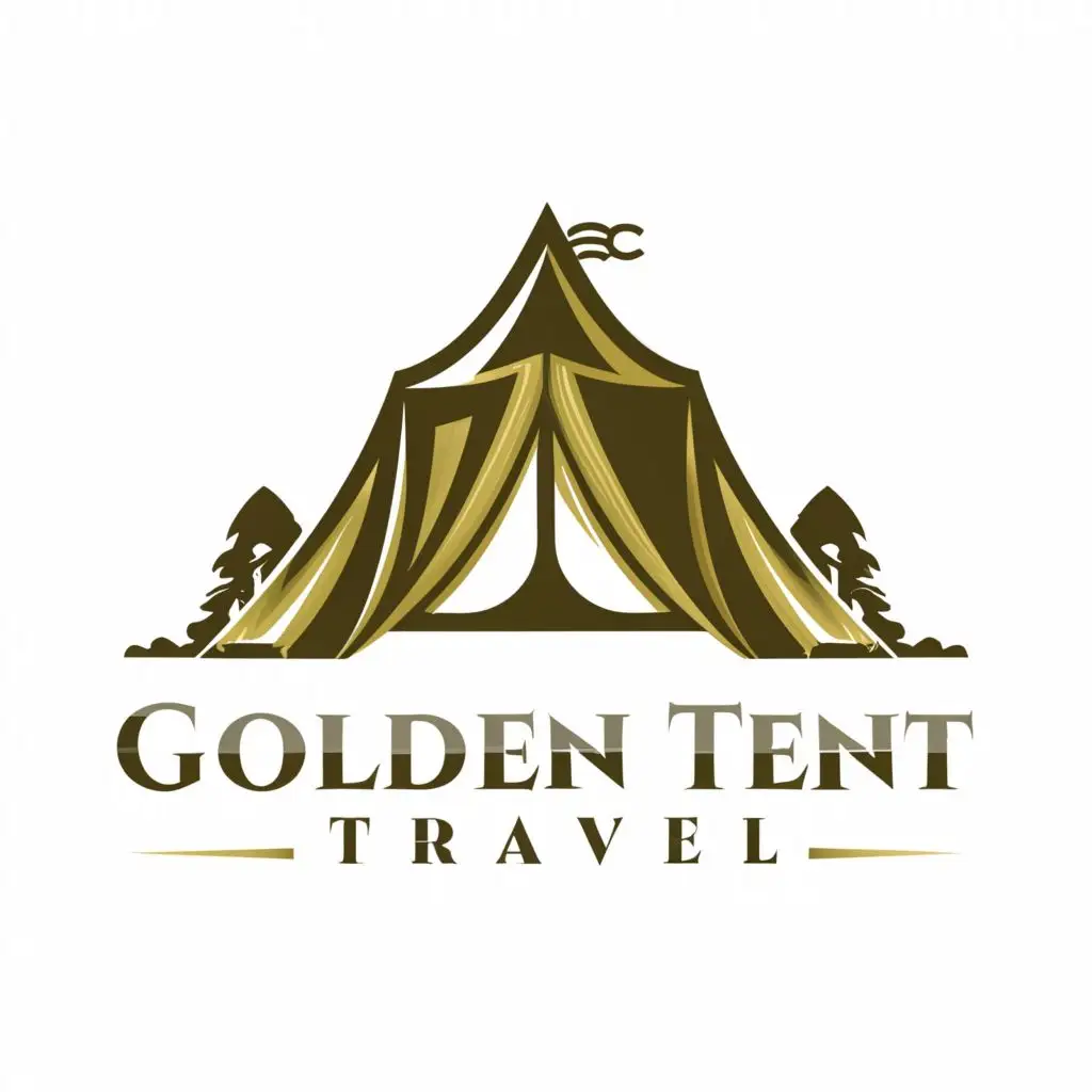 a logo design,with the text "Golden Tent,
travel", main symbol:White backround, golden tent logo,Moderate,be used in Travel industry,clear background