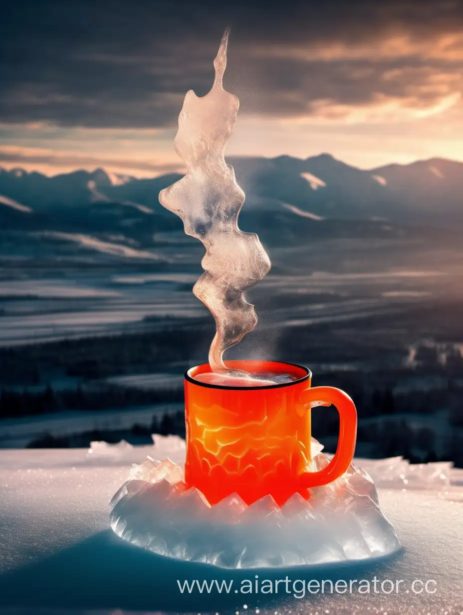 кружка неоново оранжевого цвета стоит на льду, лед тает под кружкой потому что в ней горячий напиток, из кружки идет пар, на фоне горы зима