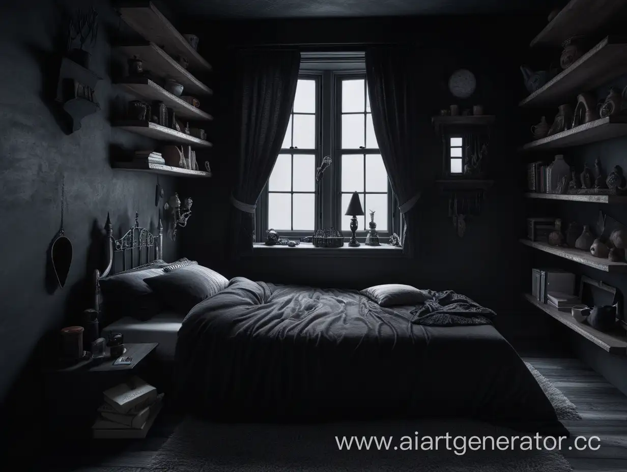 темная страшная комната  кровать возле стены, 1 кружка, окно, ковер,  полки, стол