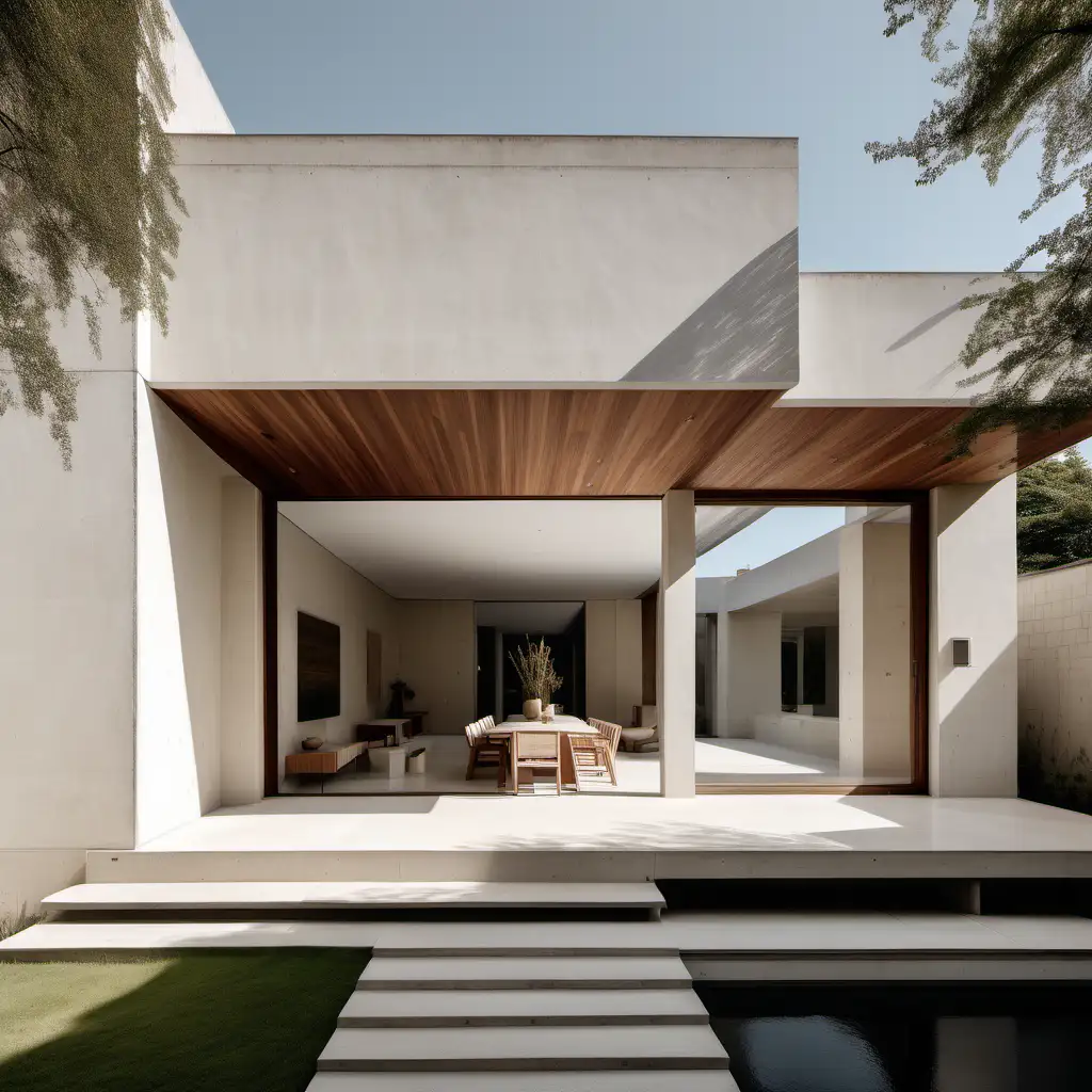a light and airy minimalist organic Japandi large estate home exterior; walnut wood, limestone, linen, Bauwerk Bone limewash