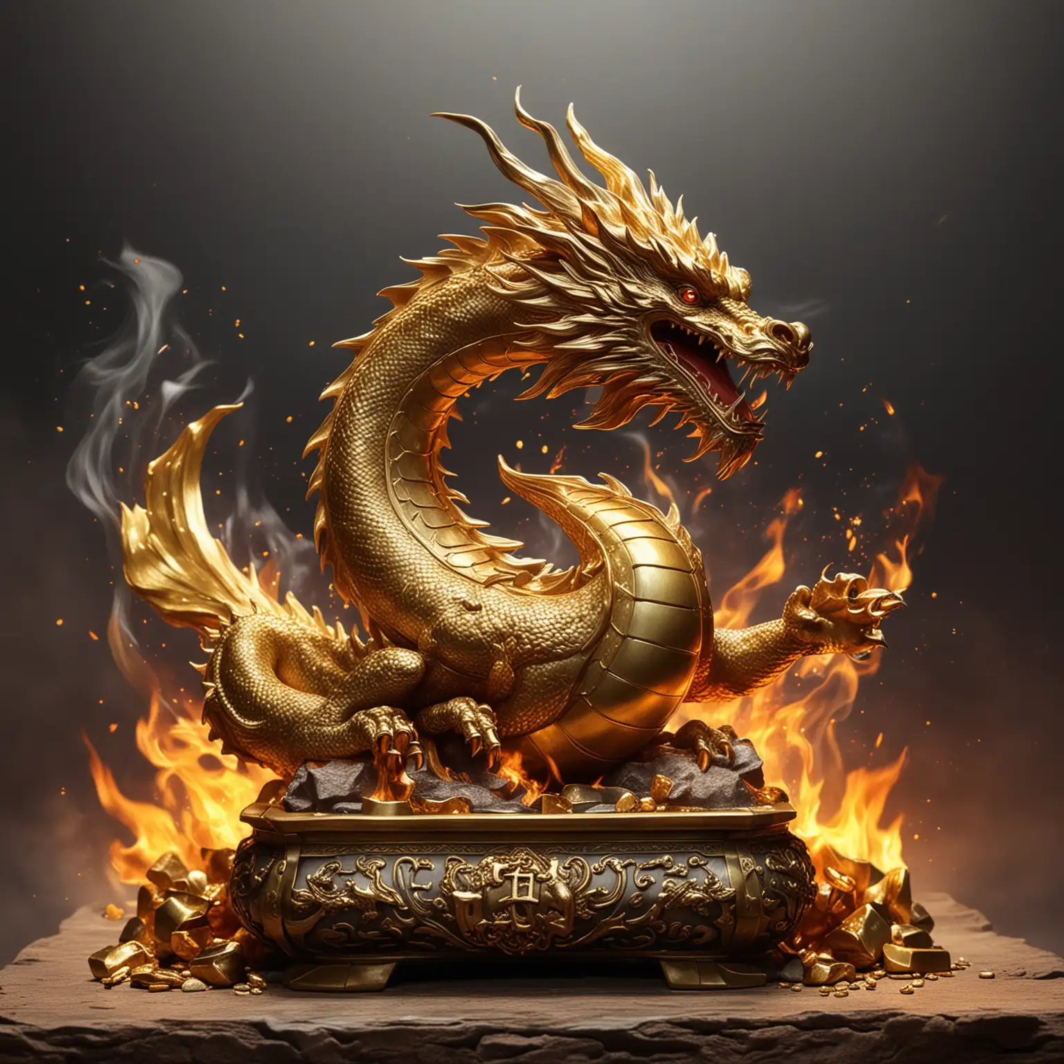 Majestic Dragon Guarding Glowing Gold Ingots amidst Fiery Ambiance
