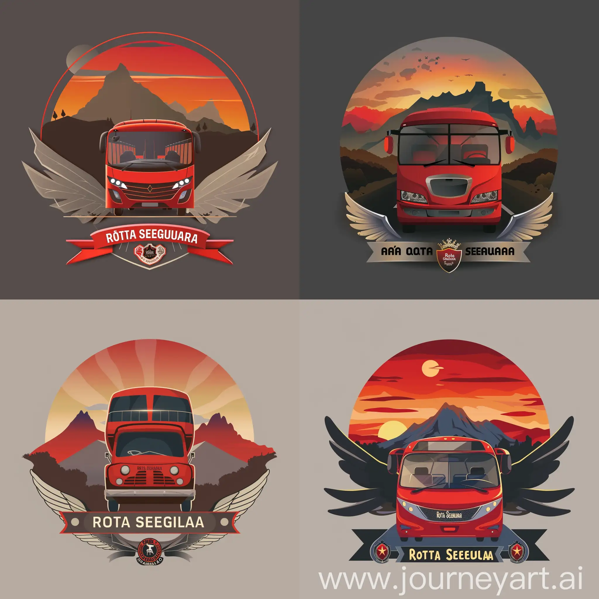 a realistic logo, beautiful red bus, going forward, small mountains behind and sunset behind, "Rota Segura" text below, use badges, very small wings, red and gray as main colours