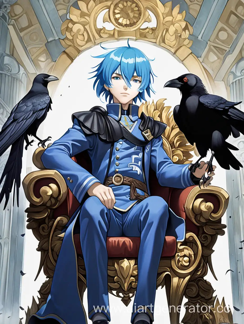 BlueHaired-Anime-Hero-Sitting-on-Throne-with-Crow