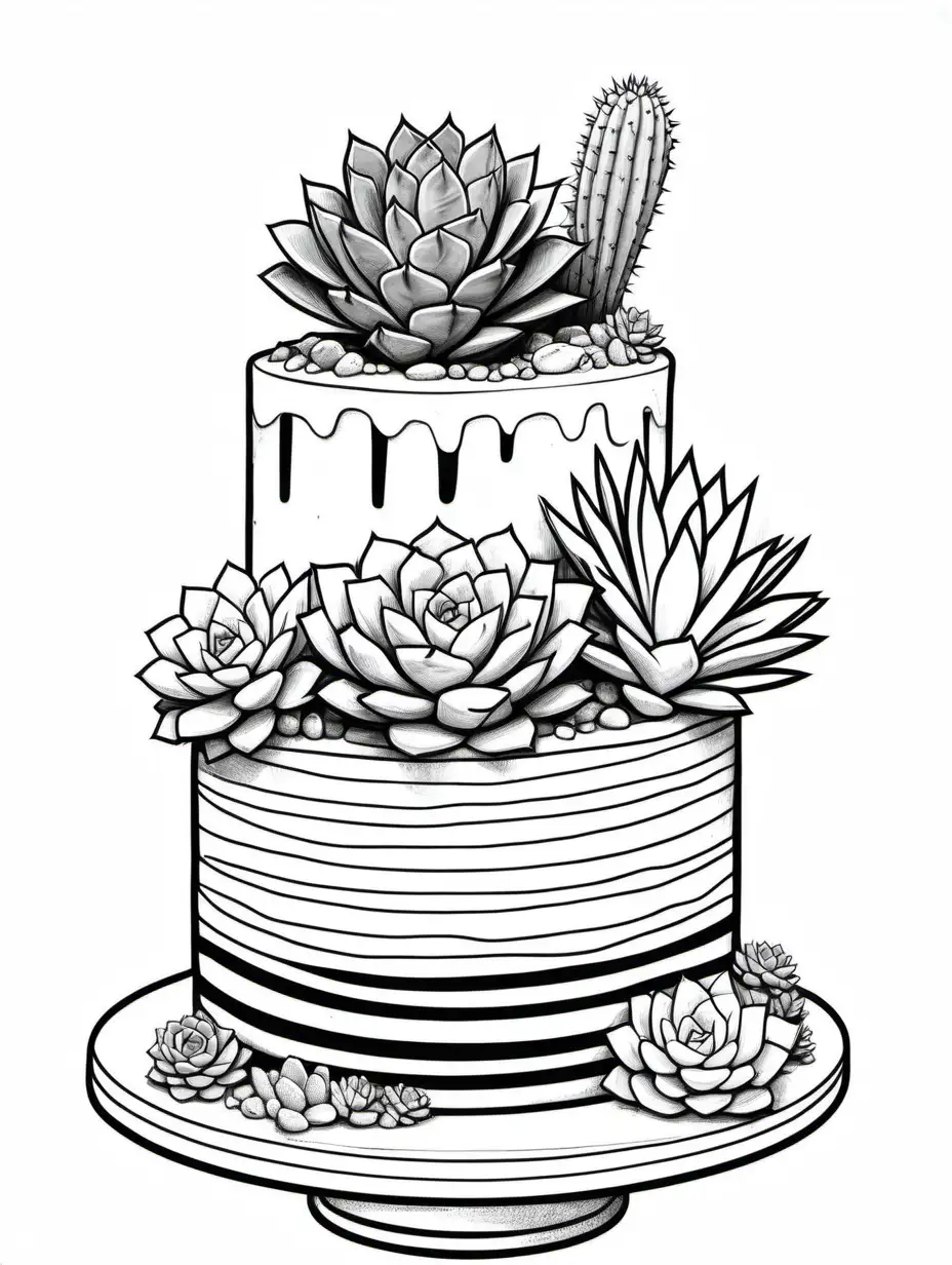 Trendy Black and White Succulent Cake Coloring Page
