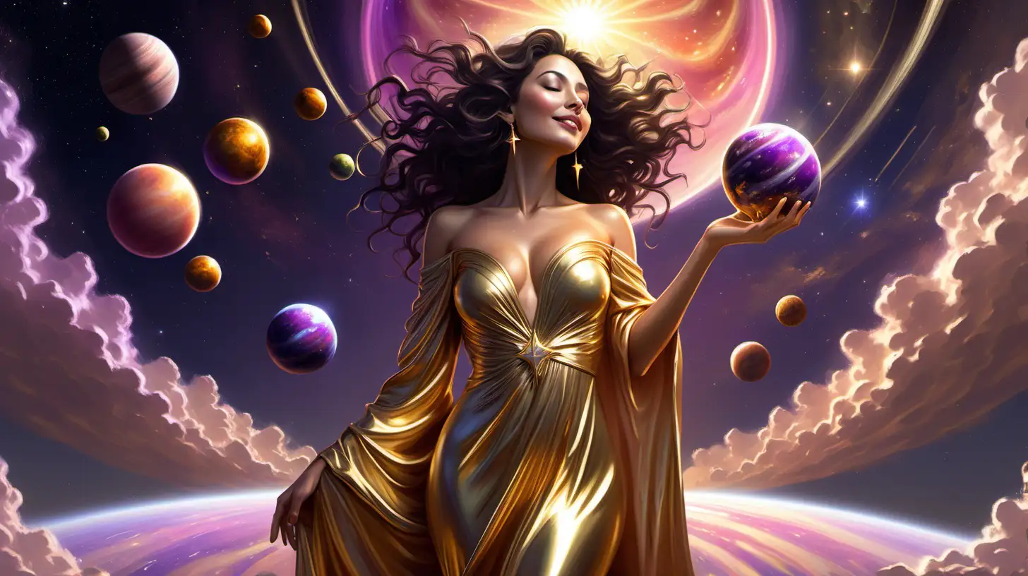 a starseed astrologer woman, futuristic, in her 30s, medium weight, star bathing, whole body, wearing a long gold dress, has a lot of money, expensive house, luxury yacht, eyes closed, olive skin, pretty, roman nose, long black wavy styled hair, confident, looking up at sky, smiling, planets above her head, the sun is blazing down bright, holds a gold purse, sunset, pink peach purple sky, planets are bursting out of her head

