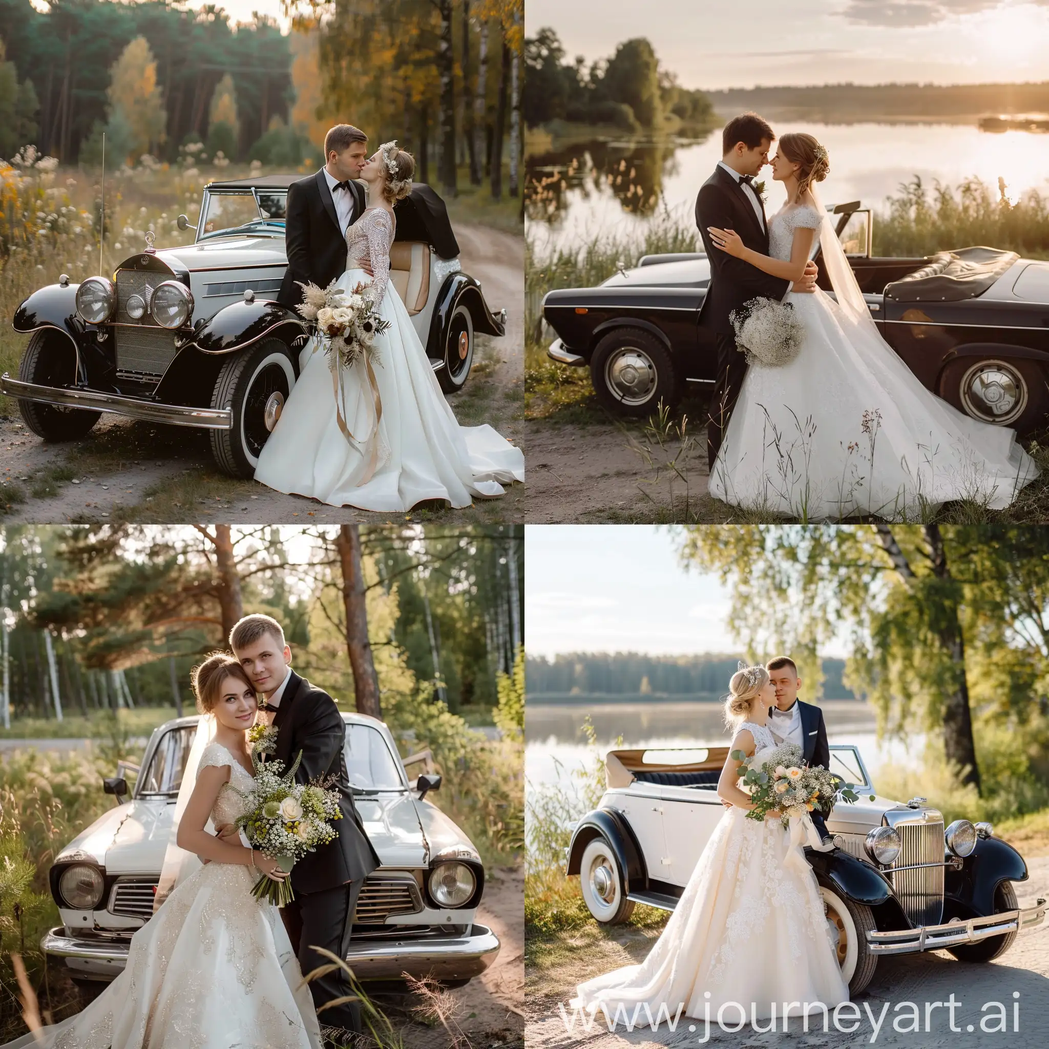 Charming-Wedding-Scene-with-Newlyweds-and-Vintage-Volga-Car