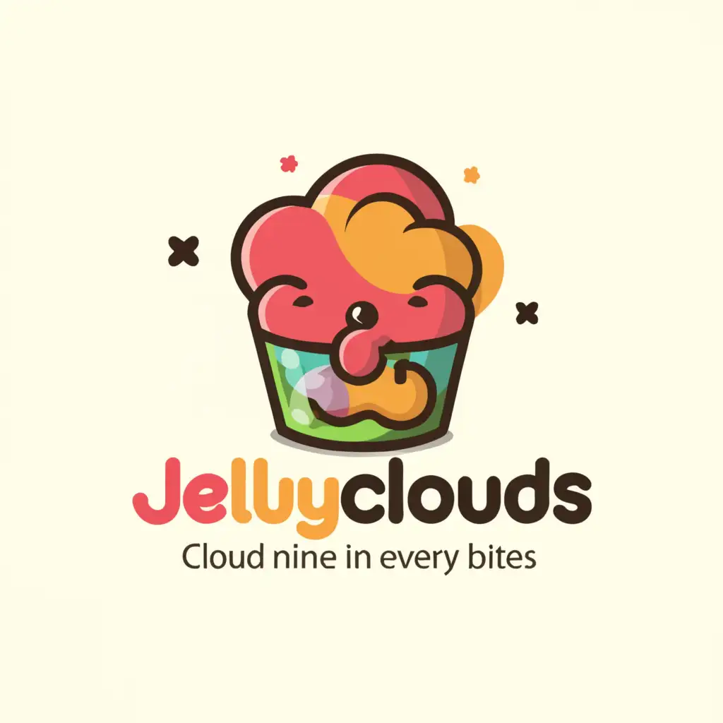 a logo design,with the text "JellyClouds
Tagline:Cloud nine in every bites", main symbol:Transparent plastic salad cup in the bottom is the jelly while on top is the cream,Moderate,be used in Education industry,clear background