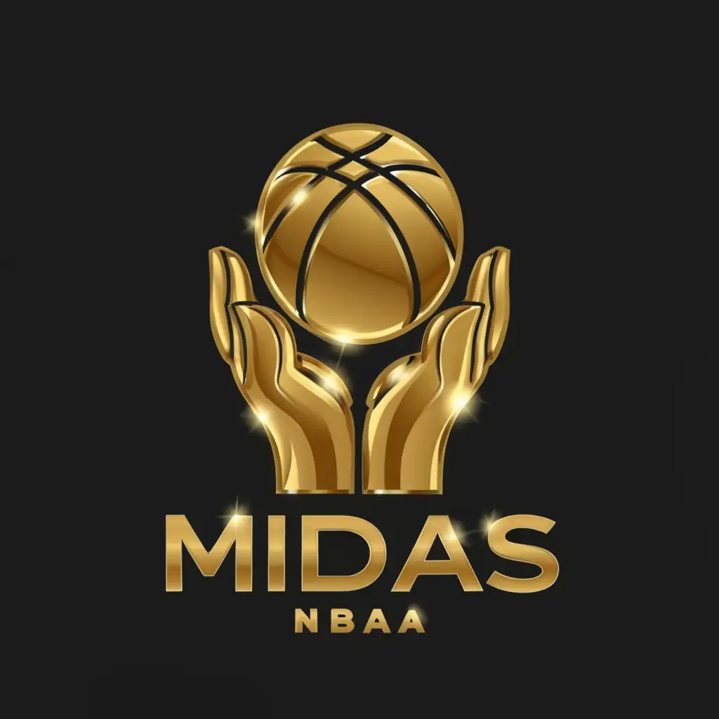 a logo design,with the text "Midas
NBA
", main symbol:A Gold hand holding a basketball, 5 fingers, black background.,Moderate,be used in Sports Fitness industry,clear background