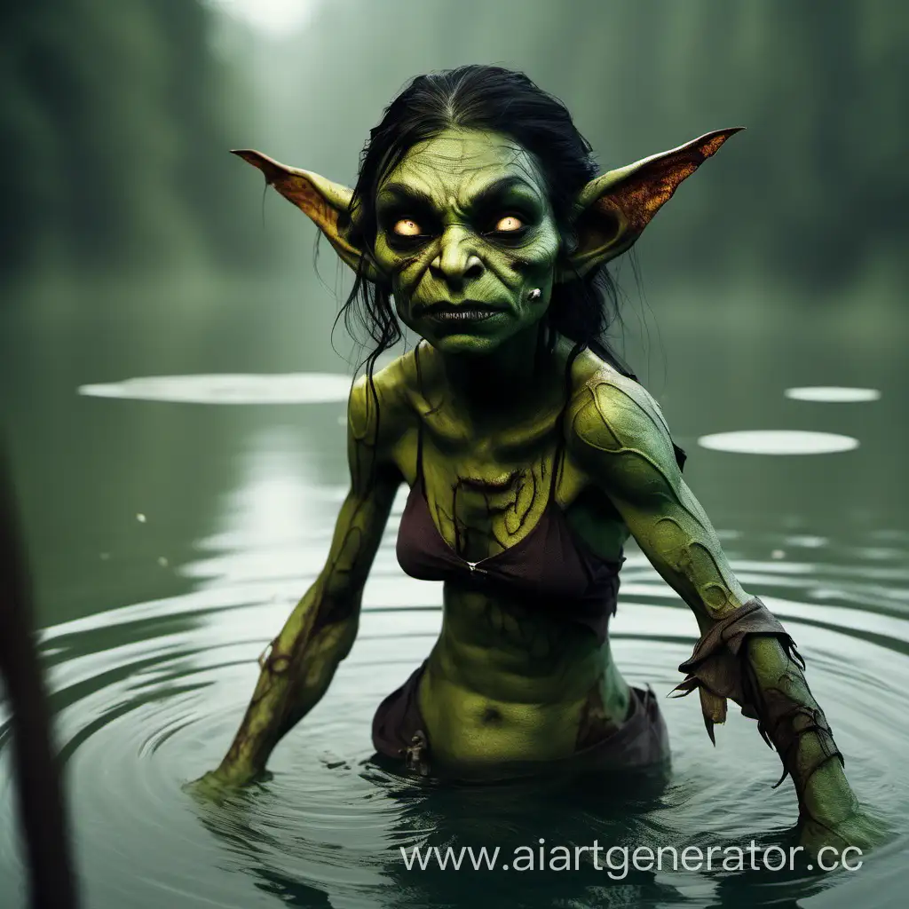женщина гоблин, стражная но привлекательная, со шрамами по всему телу. в лесу купается в озере
