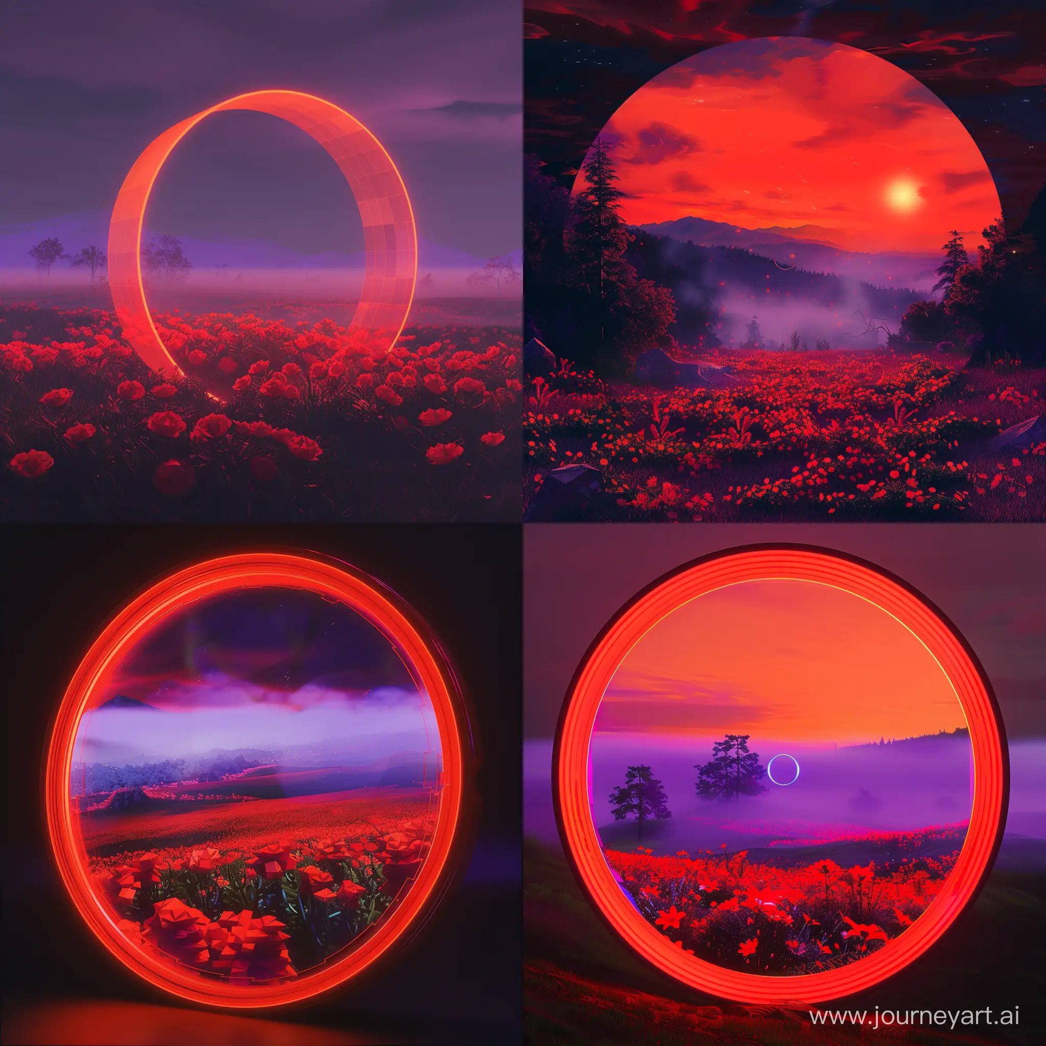 red orange purple 1990s video game flower field landscape scene, nostalgia, nighttime, fog, haunting, low poly, computer graphics, digital glitch, all inside a Compact disc shape