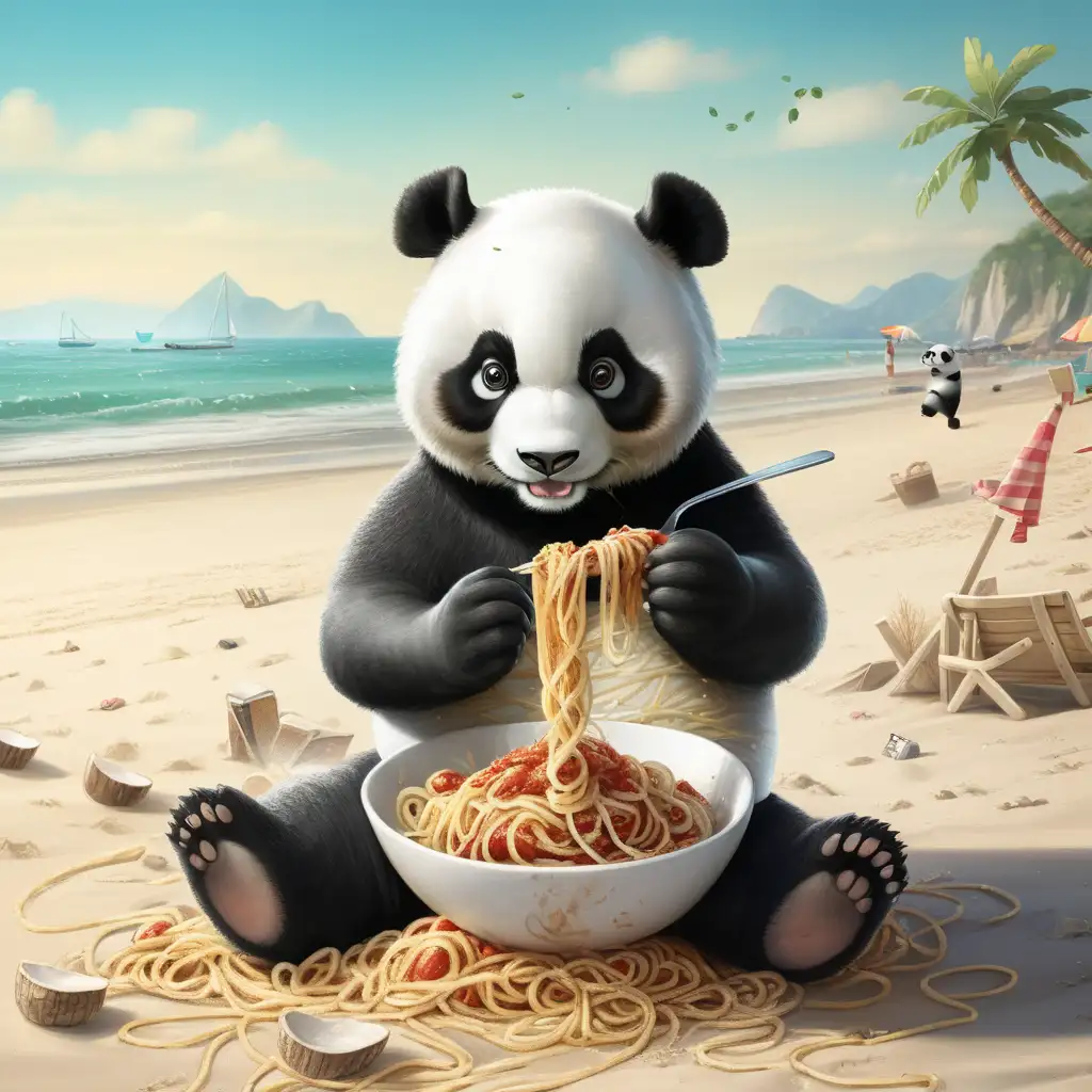panda spiser spaghetti på stranden