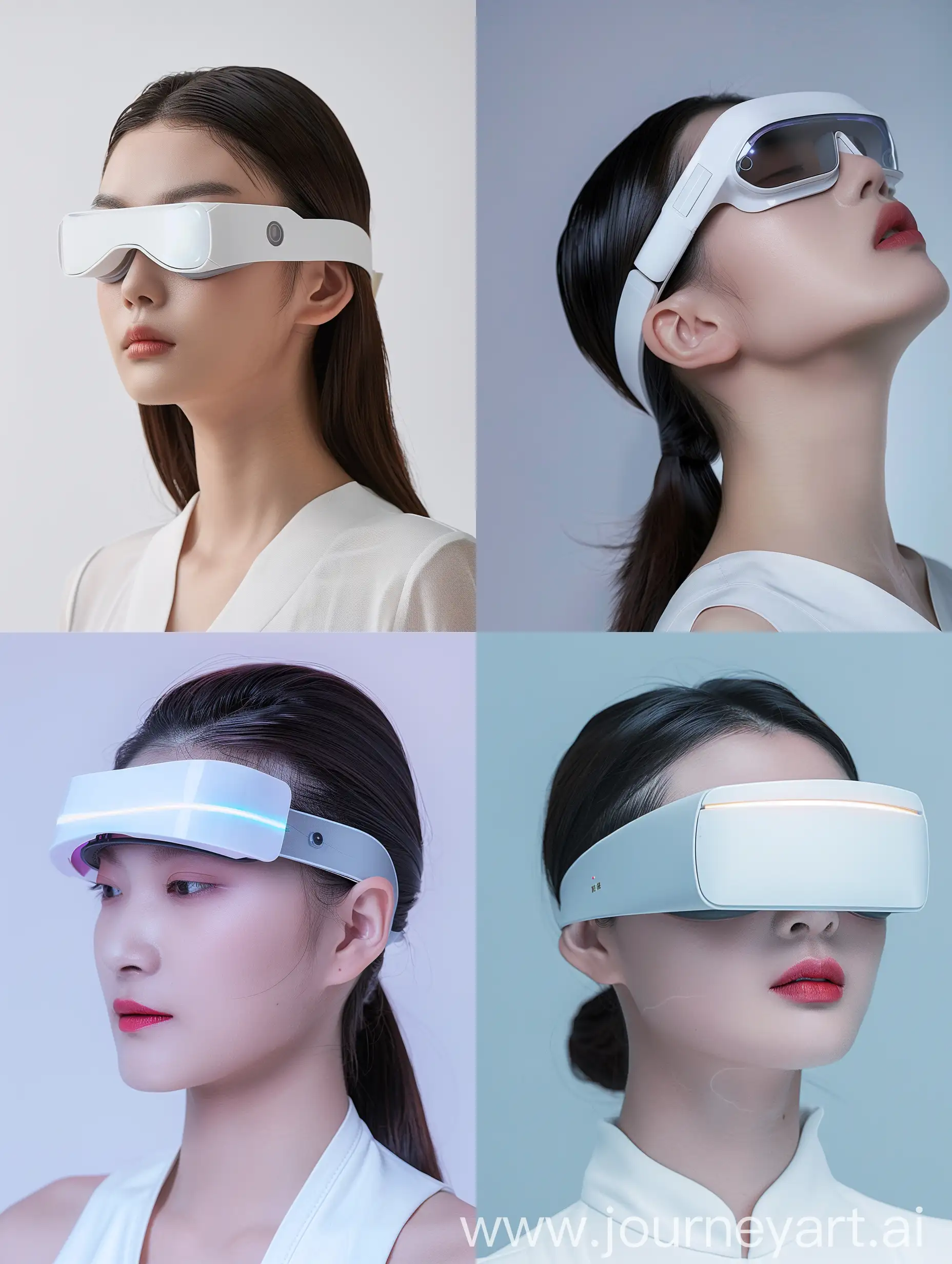 一款戴在头上的激光理疗产品，造型简约，方便携带，体量轻，具有科技感，现代化，覆盖眼部、头顶和后颈