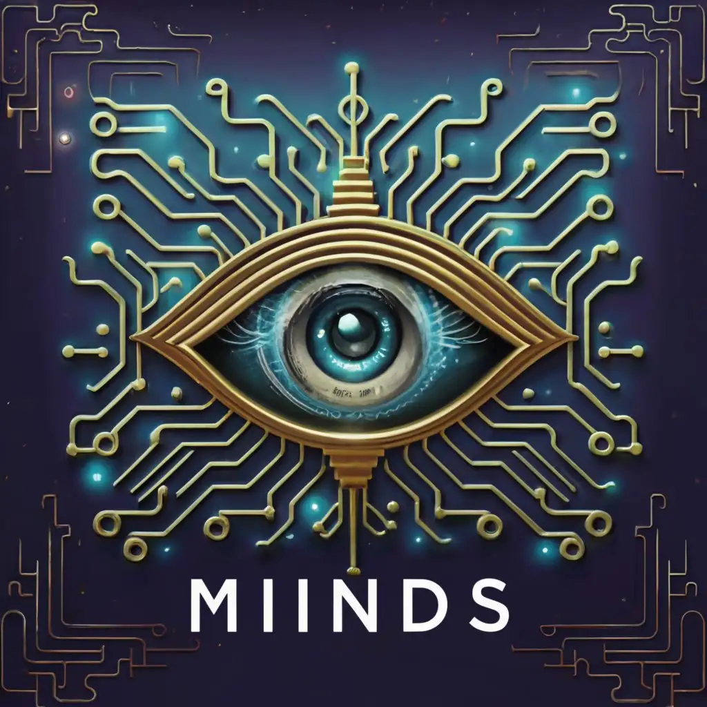 a logo design,with the text "MINDS", main symbol:cybernetic eye of Horus,complex,be used in Technology industry,clear background