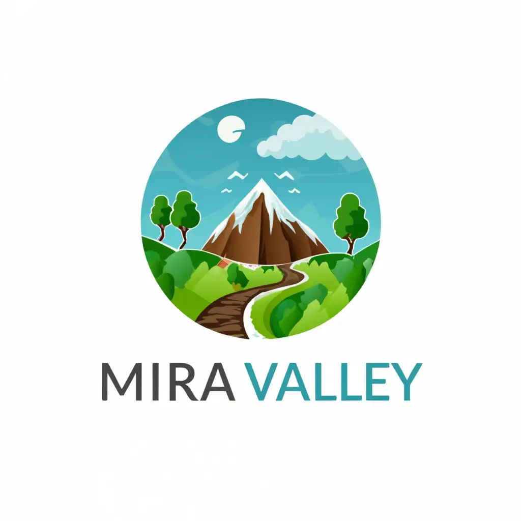 a logo design,with the text "Mira Valley", main symbol:social network platform, valley, forest, island, river, cloud,Moderate,clear background