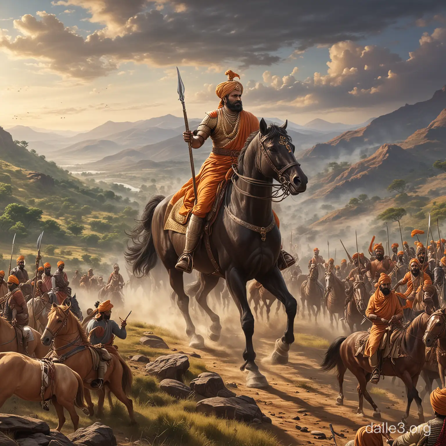 Emperor Shivaji Maharaj of the Maratha Empire riding into battle on horseback in the Western Ghatt Mountains. 