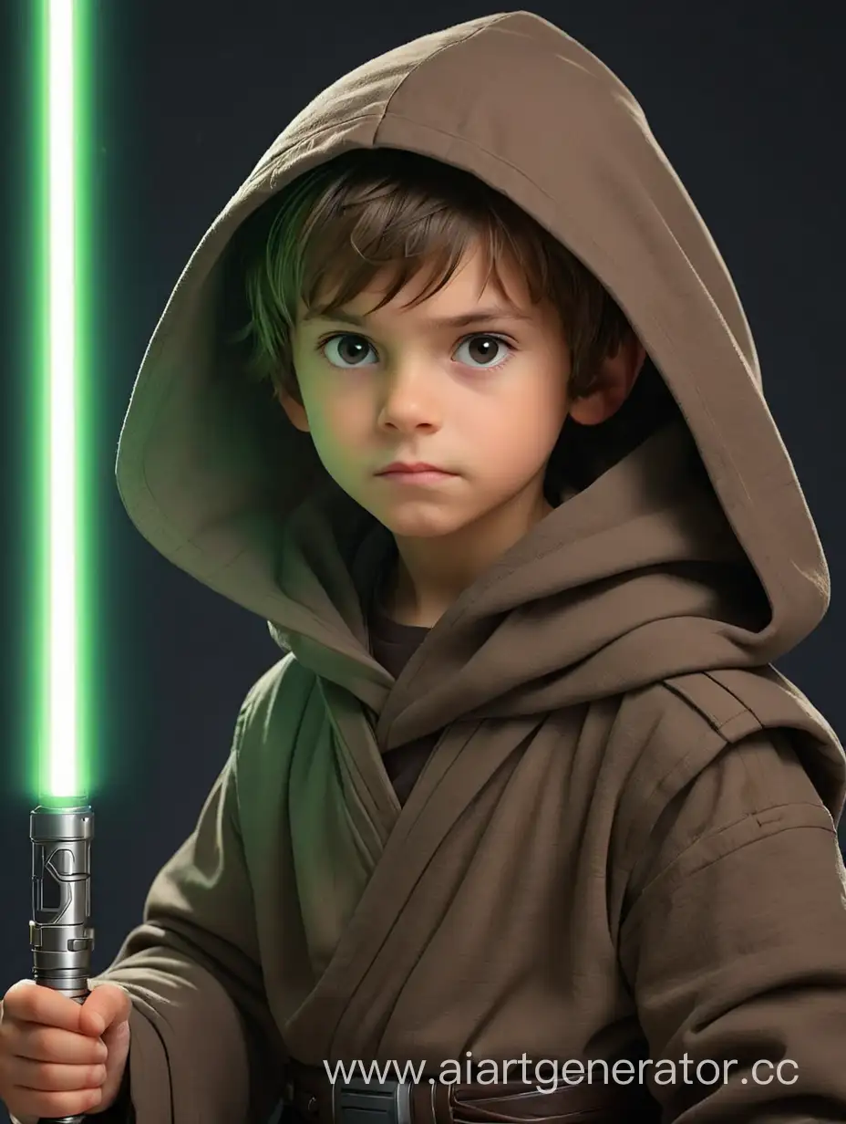A 5-year-old boy in a hooded Jedi costume with a lightsaber background is light