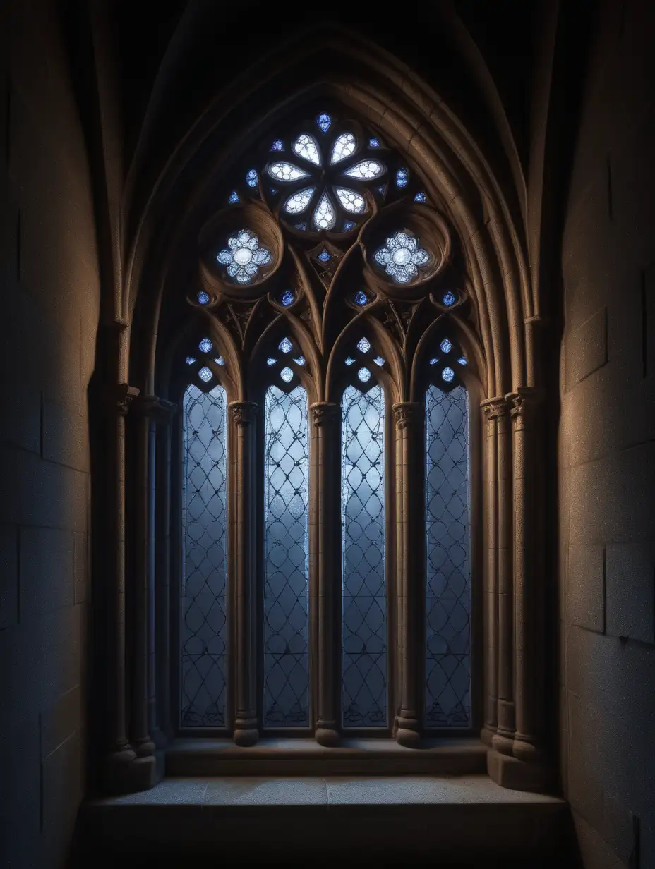 gothic window with gothic details. At night with light shining through