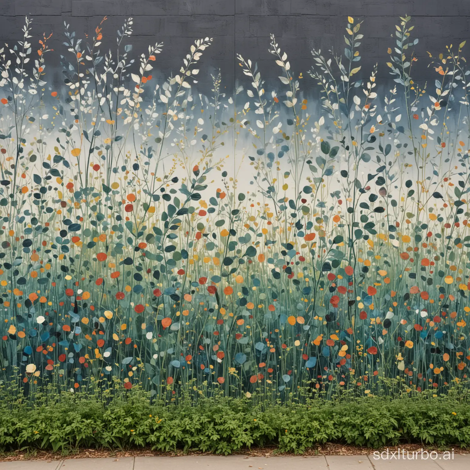 a mural in front of painted stems that emerge with medium round leaves, in an impressionistic landscape