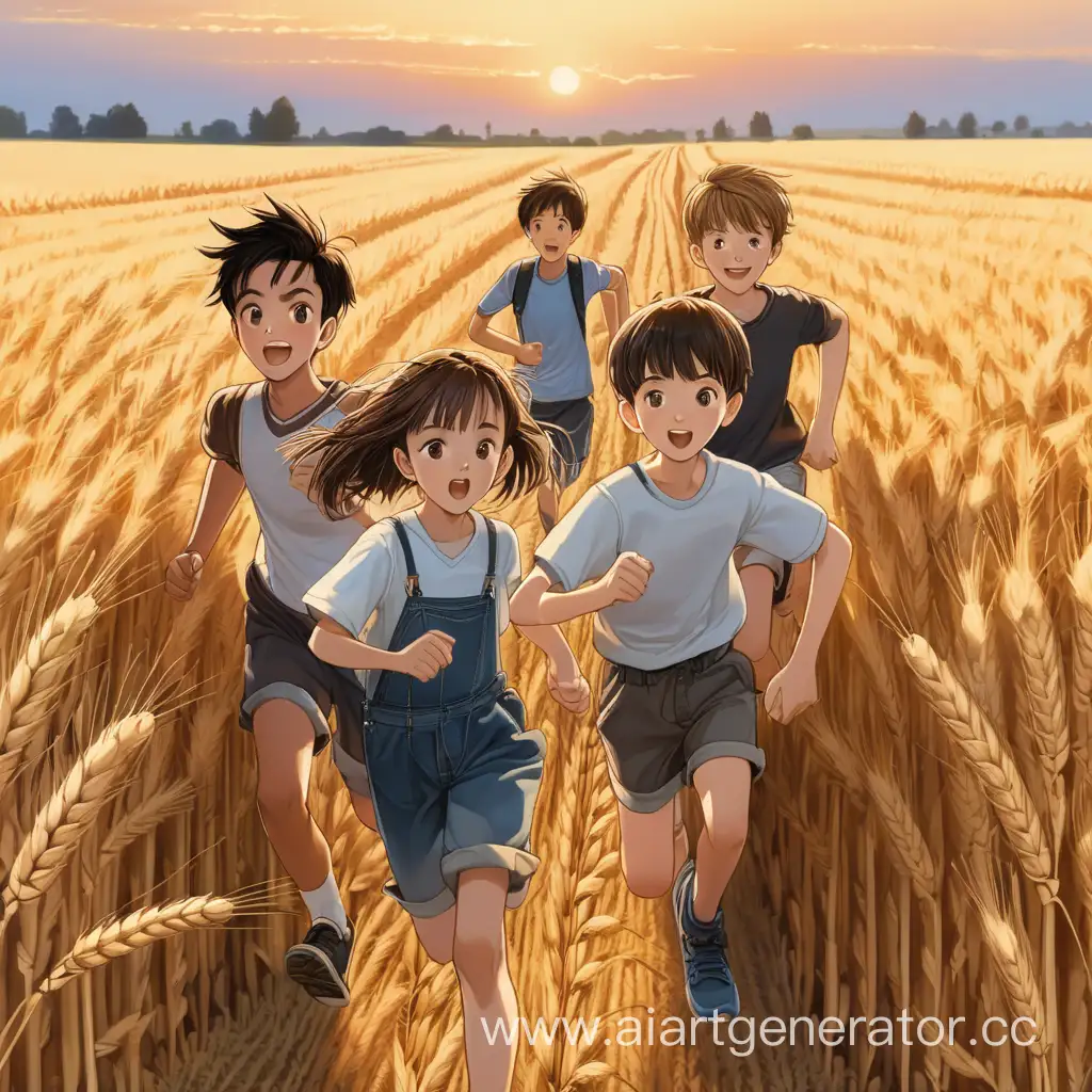 Joyful-Evening-Run-Teen-Girl-and-Two-Boys-Frolicking-in-Wheat-Field