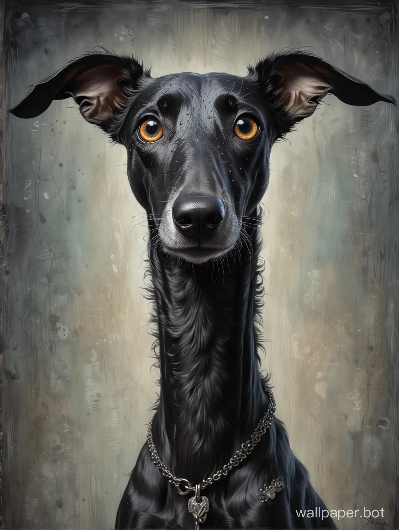 Textured oil painting in the comic book style of Tim Burton (cartoon mystical cute black greyhound dog, large muzzle on a long thin neck, expressive luminism eyes), eccentric, surreal, super detailed, super clear.